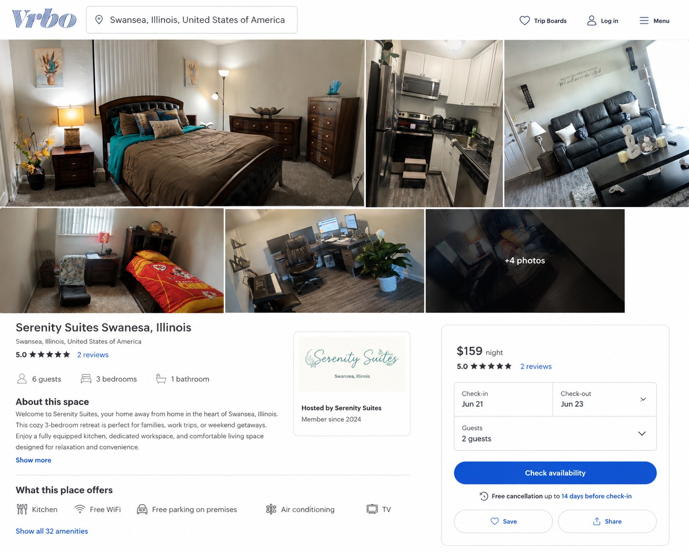 Serenity Suites Vrbo listing page
